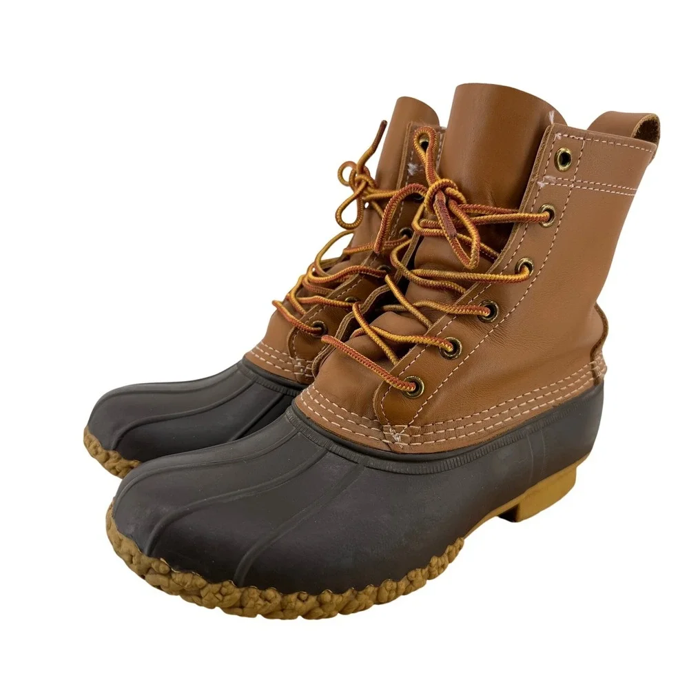 LL Bean Womens 8 Bean Boots Tan Brown Leather Rubber Duck Boots Made in USA